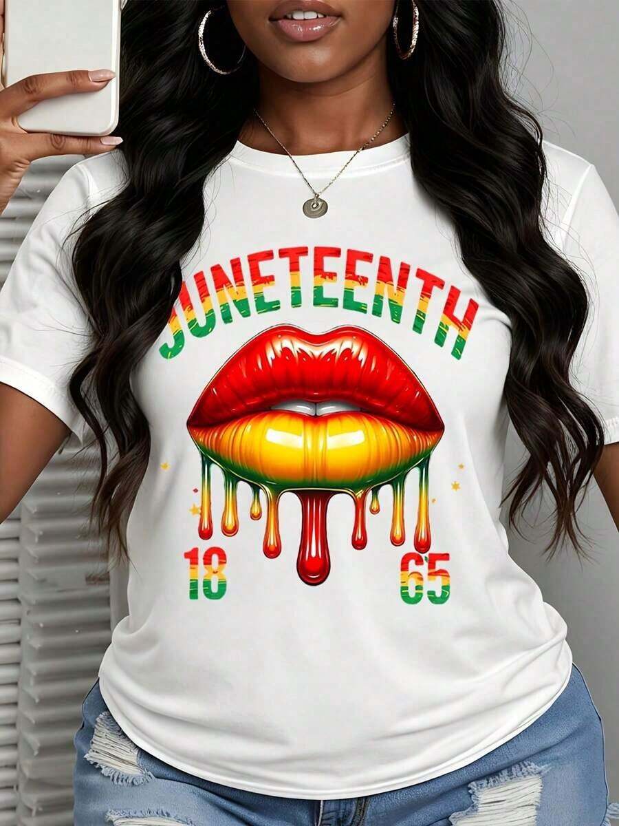 Camiseta de manga corta para mujer Juneteenth con estampado de labios coloridos y 1865 para eventos de celebración - Blanco - Ver 1