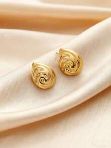 1pair Retro Luxe Style Gold-Plated Stainless Steel Waterdrop Swirl Texture Shell-Shaped Stud Earrings For Women Daily Wear & Party Occasions - water droplets - View 6