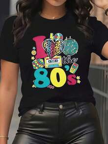 Women's Clothing Retro 80s Graphic T-Shirt - Vintage 80s Music & Pop Culture Design With 80s Lettering, Regular Fit Crew Neck T-Shirt For Everyday Wear And 80s Events, Casual Women's Top For All Seasons, Ladies' T-Shirts, Seasonal Fashion, Fun Design Women's Shirts - 黑色 - 查看 1