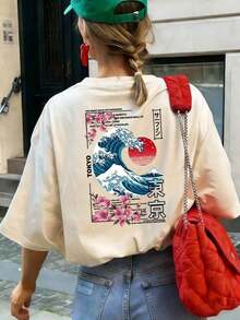 New Casual And Cute Women's T-Shirt, Loose Fit, Round Neck, Short Sleeves. Short-Sleeved T-Shirt With A Round Neck And A Tokyo Island Sunset Wave Print. High-End Urban Wear, Vacation Style, Loose And Comfortable, Versatile Short-Sleeved T-Shirt For Summer - Nude - 查看 4