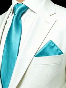 1set Men's Tie Set Solid Solid Color Classic Formal Plain Necktie And Pocket Square Set For Men - Peacock Blue - View 1