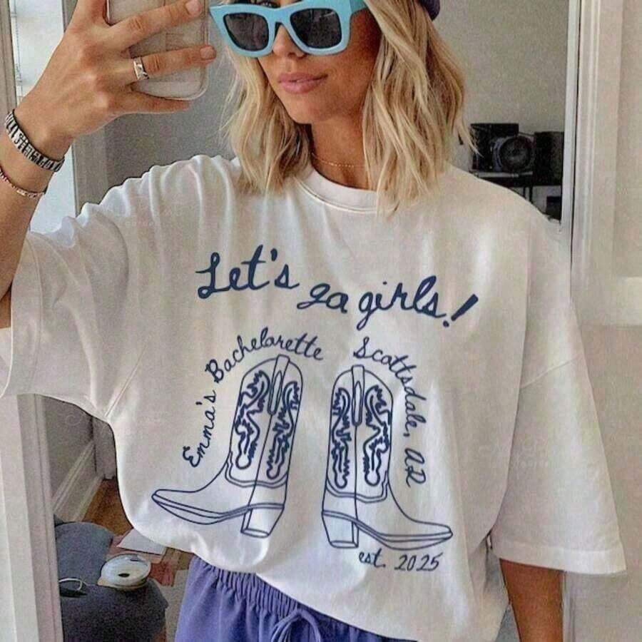 Women's 100% Cotton T-Shirts, 1 Piece, Personalized "Let's Go Girls" Bachelorette Party Tees, Country Cowgirl Style Tees, "Nashville Austin Last Rodeo" Bachelorette Party Tees, Personalized Gift For Valentine's Day/Engagement/Wedding/Holidays/Everyday Life, Easter Sets For Women, "Mom Life" Graphic Tee, Mother's Day Gift Sets, Unisex Oversized US Soccer Tee, World Cup Match Day Set, Funny Oversized Graphic Tee For Women. Breathable Cotton Tee, Mix-And-Match Tops For Women - 白色 - 查看 1