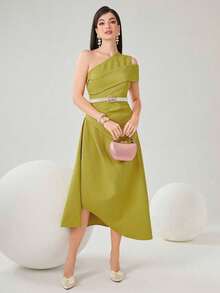 Women's Textured One-Sleeve Long Evening Dress - Yellow - View 3