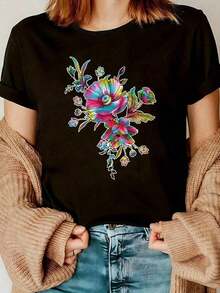 1 Piece Of Women's T-Shirt With Vibrant Floral Print And Round Neck, Casual Short Sleeve Top With Colorful Floral Design, Lightweight Polyester, Perfect For Spring, Summer, Autumn, Daily Wear And For Gifting. - Black - View 6
