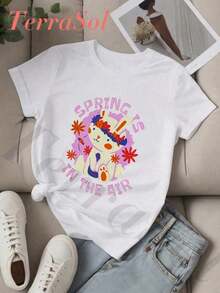 1 Piece St. Women's Pure Cotton Casual T-Shirt, Simple And Elegant Graphic Print, Round Neck, Short Sleeve, Summer Urban Style, A Surprise Gift For Family And Friends. 180g 100% Cotton - 白色 - 查看 1