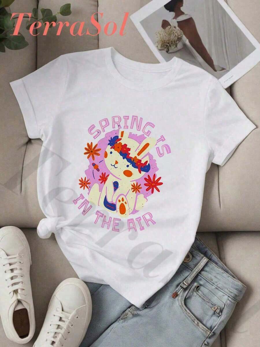 1 Piece St. Women's Pure Cotton Casual T-Shirt, Simple And Elegant Graphic Print, Round Neck, Short Sleeve, Summer Urban Style, A Surprise Gift For Family And Friends. 180g 100% Cotton - 白色 - 查看 1