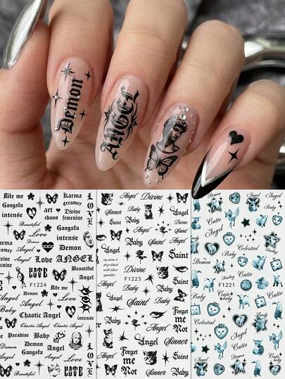 3 miếng dán móng tay phong cách Gothic - Hình tượng đá cẩm thạch cổ điển, mèo đen, thỏ, chữ cái - Thích hợp cho các lễ hội âm nhạc, tiệc tùng, sự kiện xã hội, mùa xuân/hè, trang trí móng tay tự làm trong kỳ nghỉ.