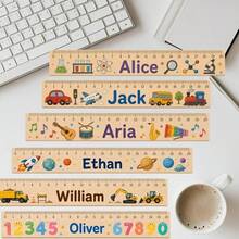 1 pieza Regla de madera personalizable con nombre, regla de madera personalizada con estampado de dibujos animados lindos y estampado vibrante, regalo de vuelta a la escuela, regla personalizada, herramienta estudiantil para aprendizaje y aula, regla de madera con marcas claras, regalo ideal de vuelta a la escuela e instrumento matemático - A - Ver 2