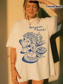 Women's Casual Summer T-Shirt, "Pause System Hello Paris" T-Shirt With French Breakfast Graphic, French Aesthetic T-Shirt, Vintage Pancakes And Coffee T-Shirt - Soft And Breathable Round Neck T-Shirt, Lightweight And Comfortable For Casual Summer Wear, Loose Fit T-Shirt. - 白色 - 查看 1