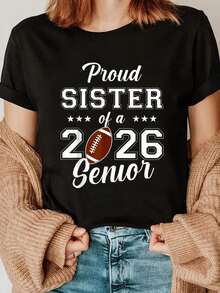 Proud Sister Women's Casual Sports T-Shirt - Black Elastic Crew Neck T-Shirt With Football Graphic, Machine Washable, Comfortable Fit And Perfect For All Seasons, For Daily Wear And Casual Activities. - 黑色 - 查看 1