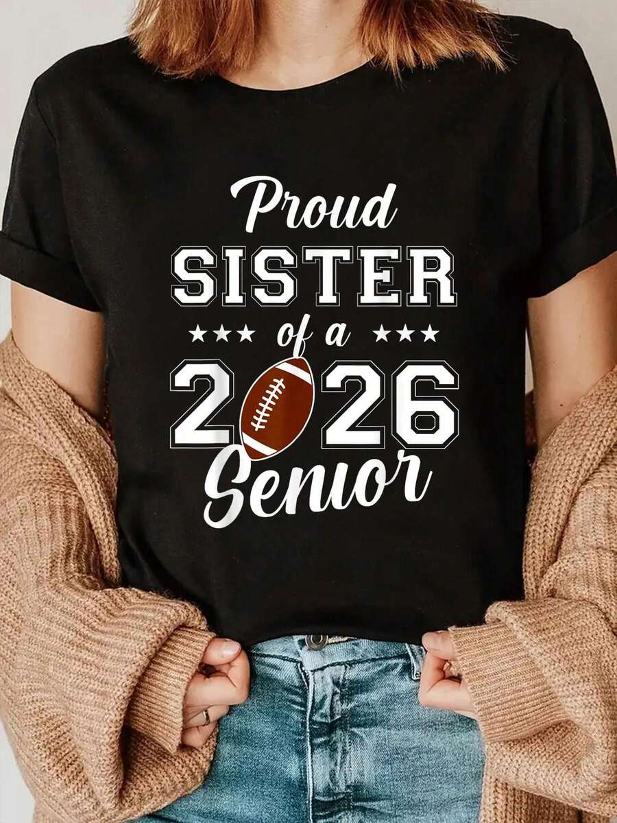 Proud Sister Women's Casual Sports T-Shirt - Black Elastic Crew Neck T-Shirt With Football Graphic, Machine Washable, Comfortable Fit And Perfect For All Seasons, For Daily Wear And Casual Activities. - 黑色 - 查看 1