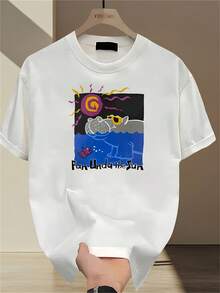 Men's Fashion Brand Printed Short Sleeve T-Shirt For Summer, Heavy Pure Cotton, Korean And Japanese Style, Versatile Tops For Men - 白色 - 查看 6