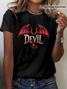 Limited Time Offer, Limited Quantities, Flash ! Women's Casual Shirts, Women's Polyester T-Shirts, Stylish Shirts. Women's Polyester T-Shirt With Hip-Hop Print, Short Sleeves, Soft And Comfortable Against The Skin. - 黑色 - 查看 1
