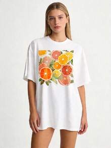 Conjunto de 1 pieza con estampado de frutas premium, talla extra grande, unisex, camiseta 100% de cuello redondo, camiseta básica de corte holgado, serie de frutas cítricas, adecuada para conjuntos de padres e hijos y parejas, ropa de verano, regalo para amigos y familiares, ecológica. - Blanco - Ver 8