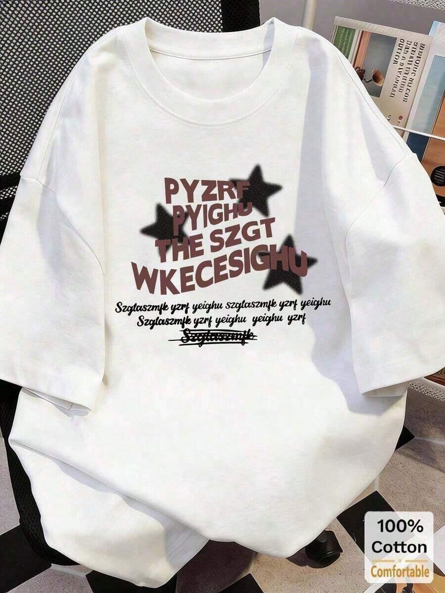 Primavera Damen Vintage T-Shirt 100% Baumwolle Mit Kurzen Ärmeln Und Mittlerer Länge, Buchstaben- Und Sternenmuster, Lässiges Summer Oberteil Grafica Vacanze - 白色 - 查看 1