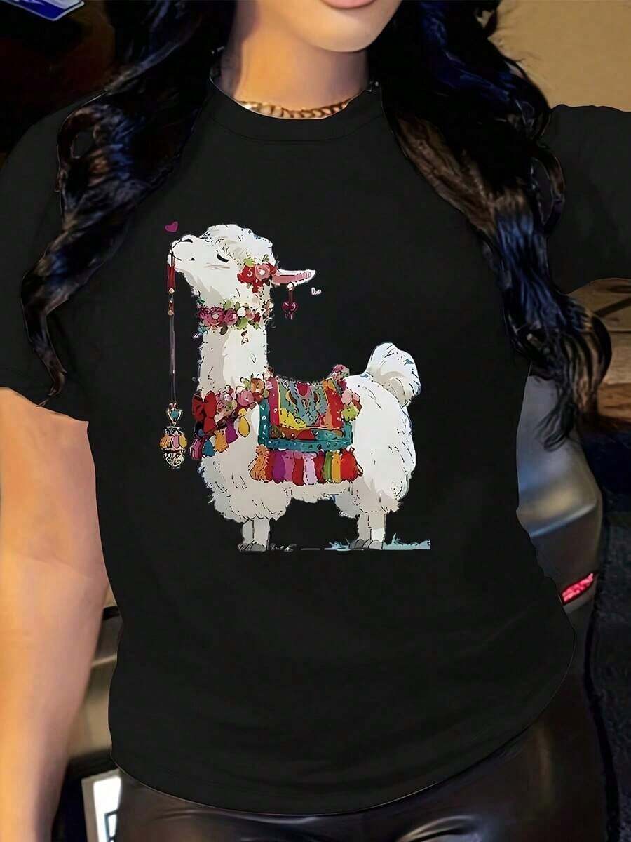 Camiseta de Mujer con Estampado de Anime - Cuello Redondo Casual, Corte Regular, Diseño Floral Vibrante y con Cuentas, Lavable a Máquina, Comodidad para Todas las Temporadas, Regalo Perfecto para Amigas y Parejas, Camiseta de Anime, Ropa Cómoda, Diseño Gráfico Atractivo, Tejido Suave, Adecuado como regalo. playera de mujer. blusas>elegantes. boho chic,Top de mujer suave, transpirable y cómodo, ideal para primavera, verano y otoño, perfecto para vacaciones, viajes y uso diario. - Negro - Ver 1