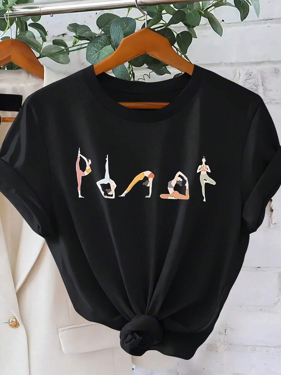 Short-Sleeved T-Shirt With Yoga Pose And Letter Print, Round Neck, Cool Style For Women, Elegant, Casual, Loose, For Parties And Holidays, Spring Summer 2026, Easy To Match, Versatile, For Going To Work, Sizes S-XXL, Winter Clothing For Women. - 黑色 - 查看 1