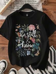 Camiseta con diseño floral y de mariposas, cita religiosa "Mantente quieto y conozca el Salmo 46:10" para mujeres, ropa casual diaria, ropa de iglesia.blusa casual mujer - Negro - Ver 4