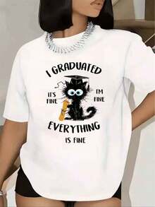 Women's T-Shirt With Graduation Print "Black Cat Graduation I Graduated Its Fine Im Fine Everything Is Fine", Short Sleeve, Round Neck, Casual Style For Graduation Party, College Celebration, Basic Blouse For Women, Women's Blouse, Urban Style T-Shirt, Casual T-Shirt For Festivals And Daily Wear. - 白色 - 查看 6