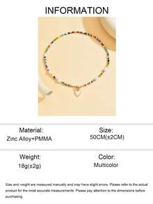 1pc Multicolor Beaded Handmade Necklace With Heart Pendant, Romantic Choker Necklace Suitable For Women's Daily, Beach, Party Wear - Multicolor - View 5