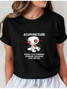 Camiseta Deportiva Casual para Mujer con Gráfico de Robot de Dibujos Animados - Camiseta Negra Elástica de Cuello Redondo, Lavable aáquina, Ajuste Cómodo para Todas las Estaciones, para un Look Divertido y con Texto de Acupuntura. - Negro - Ver 1