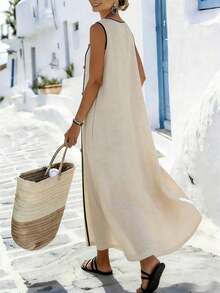 Vestido de mujer con cuello redondo, sin mangas y con ribete de color contrastante, vestido de vacaciones - Albaricoque - Ver 2