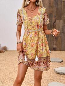 Vestido con estampado floral de cuello con cordón y fleco - Amarillo - Ver 3