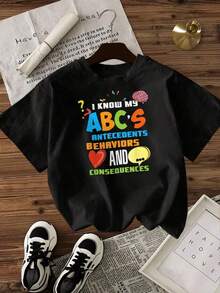 Camiseta de Mujer Casual con Cuello Redondo, Opciones en Blanco y Negro, Estampado Gráfico 'ABCs Antecedentes Comportamientos Consecuencias', Camisetas para Uso Diario, Tops de Verano, Camisetas Gráficas, Conjuntos de Verano, Camisetas Cortas para Mujer, Tops Vintage de Algodón, Ropa Linda para Mujer, Playera Holgada para Mujer - Negro - Ver 2