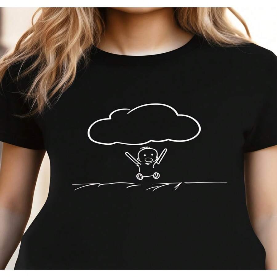 Camiseta casual de mujer con dibujo animado de nube saltando para uso diario, Diseño divertido, estilo de verano 2D, camiseta de mujer de Diseño holgado casual, holgada y ligeramente extendida S-XXXL - Negro - Ver 1