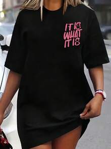 Plus Size Graphic Print T-Shirt |   Pink, Short Sleeve, Crew Neck, Casual Top For Summer & Spring, Women'S Plus Size Clothing - màu đen - Xem 3