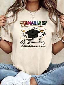 Women's Clothing 1pc Soft Fabric 100% Women's Spring/Summer T-Shirt With Graduation Theme Print "ELEMENTARY SCHOOL I DID IT", Suitable For Elementary School Graduation Photoshoots, Graduation Parties, Graduation Ceremonies, And Commemorative Graduation Season Outfits. Short Sleeves, Can Be Worn For Everyday Wear. High Quality 100% Cotton Women's Shirts - 杏色 - 查看 5