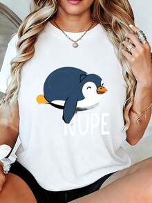 NUPE Women's Cartoon Penguin T-Shirt - White Short-Sleeve Crew Neck T-Shirt For Women, Soft Casual Summer Top With A Relaxed Design, Perfect As A Gift For Friends And Family. Women's T-Shirts - 白色 - 查看 12
