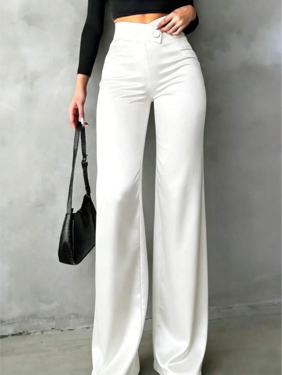 Women's Solid Color Satin High Waist Straight Leg Pants, Suitable For Back To School, Daily Wear, Office Commute, Home, Date, Small Party And Casual Social Occasions - White - View 1