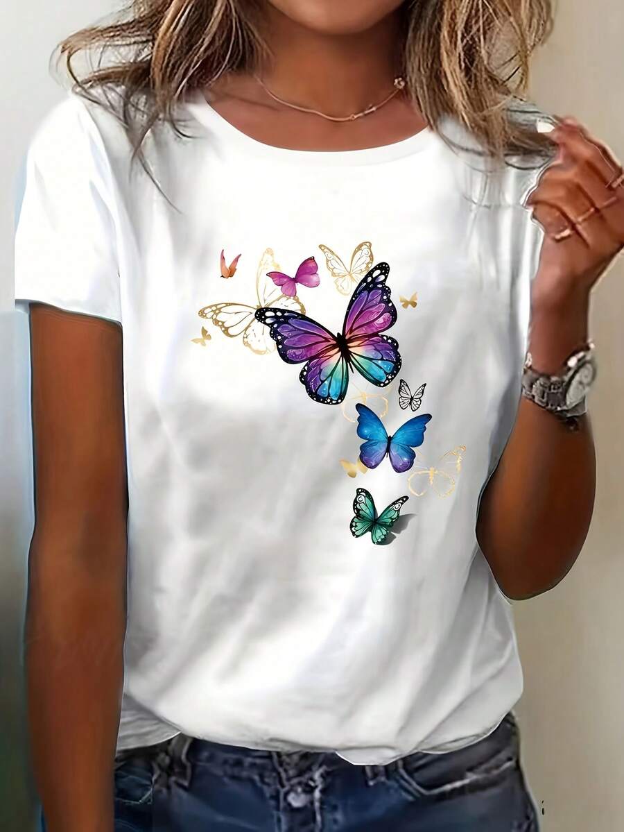 Camiseta coreana retro con estampado de mariposas - Blusa de manga corta y cuello redondo adecuada para el verano, /Top de estilo coreano de línea, elasticidad media, atuendo casual, lavable a máquina, no es camiseta