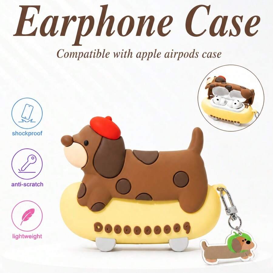 Ốp điện thoại Apple Air bằng silicon hình chó Dachshund 3D kèm móc khóa cùng màu, dành cho AirPods 4/Pro/Pro 2/Pro 3. - Nhiều màu - Xem 1