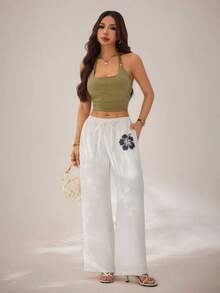 PETITE Pantalones anchos de pierna ancha con estampado floral y cintura con lazo para mujer, pantalones de playa de 100% algodón para verano - Blanco - Ver 5