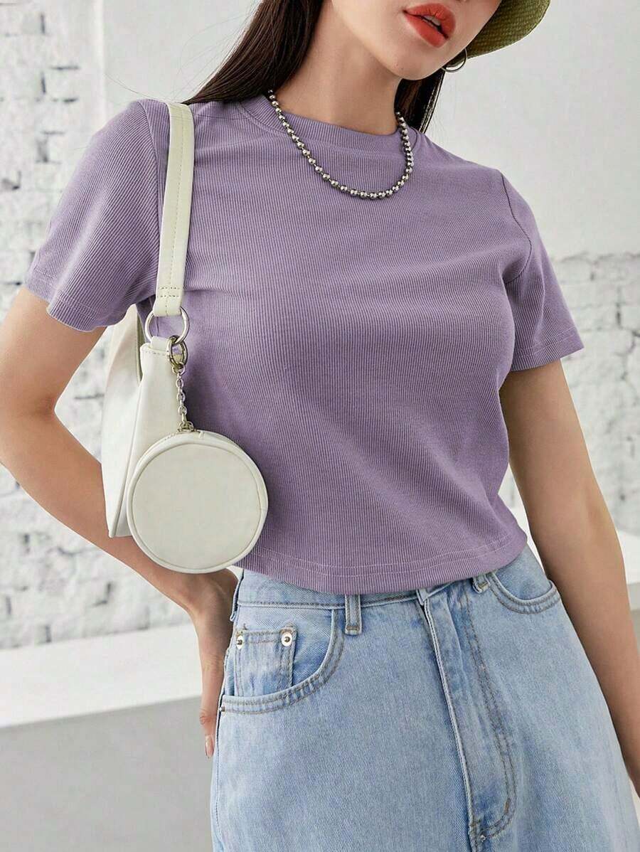 Camiseta de punto acanalado sólido, estilo "Old Money", Crop Tops, Ropa casual de negocios para mujer - Púrpura polvoriento - Ver 1