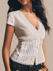 Blusa de escote en V con adorno de encaje para el verano - Blanco - Ver 3