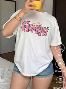 Women's White T-Shirt With Pink Gemini Print, Casual Short-Sleeved Round Neck T-Shirt, Comfortable And Soft Zodiac Style Blouse, Breathable Basic Top For Summer, Everyday Youthful Outfit - 白色 - 查看 2