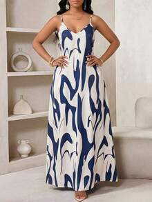 Lady Vestido largo casual de mujer con estampado floral, bolsillo con abertura - Azul y blanco - Ver 3