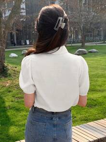 Camisa casual de verano para mujer con mangas abullonadas bordadas y cierre de botones al frente de manga corta - Blanco - Ver 2