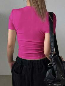 Camiseta Casual De Manga Corta Con Cuello Redondo Y unicolor Para Mujer En Verano - Rosa Fucsia - Ver 2