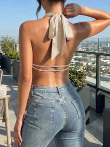 Camiseta sin mangas elegante de unicolor con encaje asimétrico y cuello halter, de moda y casual, en color negro para el verano - Caqui - Ver 2