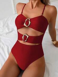 Nuevo traje de baño de una pieza elegante y sexy con diseño calado en negro, de moda para la playa, vacaciones, fiestas y citas - Rojo - Ver 2