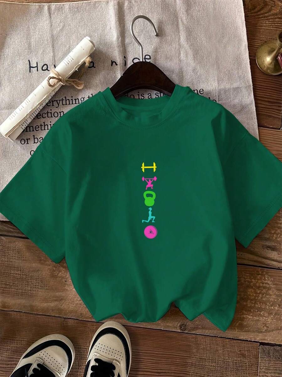 Women's Casual Holiday T-Shirt, Short-Sleeved Crew Neck T-Shirt, Available In Multiple Colors, One Size Fits Most, Features Silhouettes Of Weightlifting Bars, Figures Lifting Bars, Kettlebells, And Sports Figures, With Fitness-Themed Weight Plate Prints. , Suitable For Everyday Wear, Stylish, Suitable For All Seasons, Casual Wear. - 綠色 - 查看 1