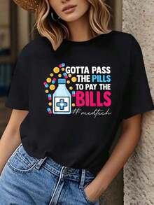Women's T-Shirt With Funny Tech Slogans - Black Crew Neck T-Shirt For Women With Pill Print - Lightweight T-Shirt Suitable For Nurses And Pharmacists - Spring/Summer Clothing For Medical Staff - Easy-Care Casual Wear, Funny T-Shirt For Nurses - 黑色 - 查看 1