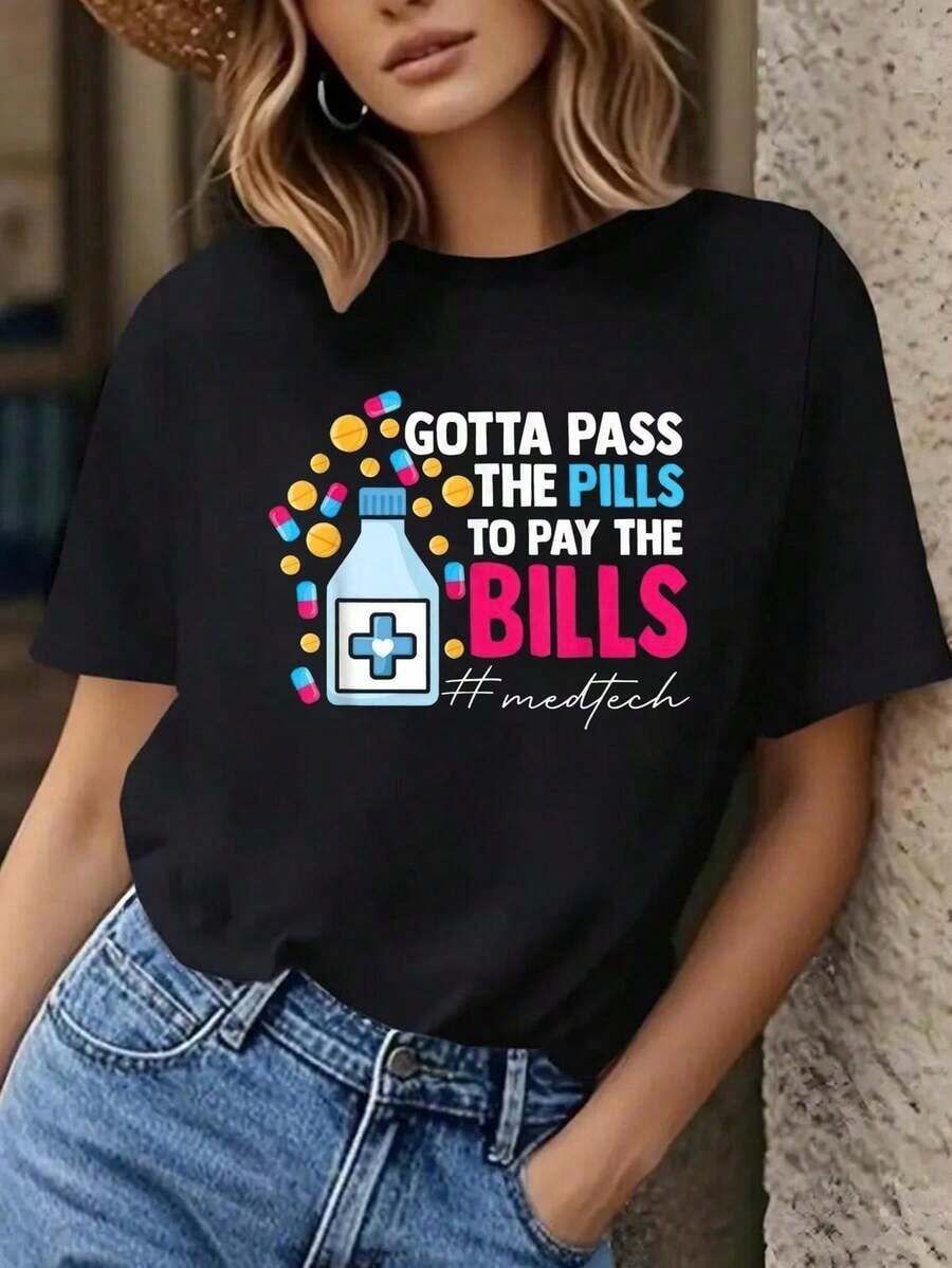 Women's T-Shirt With Funny Tech Slogans - Black Crew Neck T-Shirt For Women With Pill Print - Lightweight T-Shirt Suitable For Nurses And Pharmacists - Spring/Summer Clothing For Medical Staff - Easy-Care Casual Wear, Funny T-Shirt For Nurses - 黑色 - 查看 1