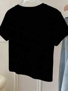 Y2K Women's Short Sleeve T-Shirt - Slim Fit Top With Cartoon Print, Semi-Sheer Round Neck, Medium Stretch Fabric For Spring, Summer, And Autumn, Casual T-Shirts, Summer Fashion, Slim Fit Tee - 黑色 - 查看 2