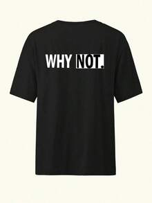 WHY NOT Camiseta Casual de Mujer, Holgada, con Estampado de Letras, Cuello Redondo y Manga Corta, Adecuada para Todas las Temporadas - Negro 2 - Ver 2