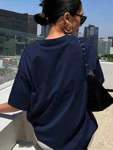 Bestseller Women's Summer Short-Sleeve T-Shirt Loose Fit Cartoon Print Pure Cotton Top Base Shirt #3333 - Navy Blue - View 5